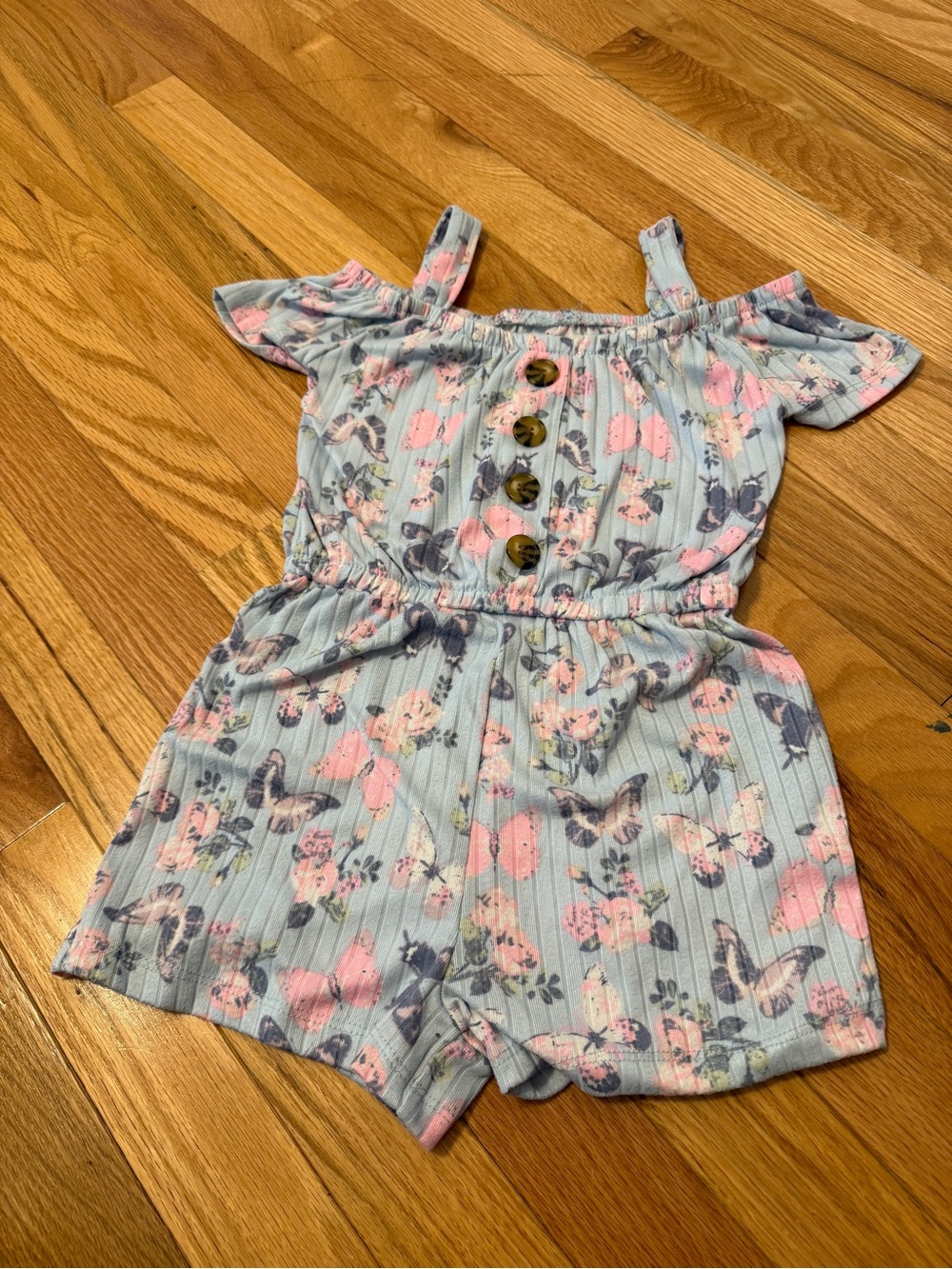 Blue Floral & Pink Butterfly Off-Shoulder Romper